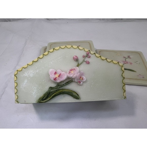 Set Of 4 Stone Hand Painted Coasters W Holder‎ 3D Butterfly & Flowers Sculpture - Picture 5 of 13